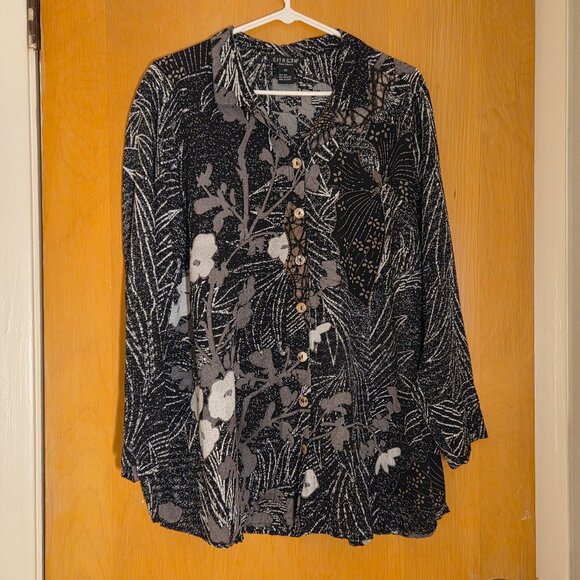 Citron Santa Monica 100% Silk Tunic Blouse Top Black Artsy Floral Sz XL Plus 0X - Picture 1 of 10